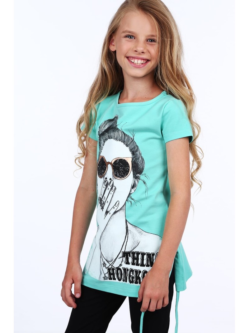 Girls\' blouse with print, dark mint NDZ8156 - Online store - Boutique